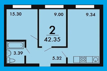 Двухкомнатная квартира 42.35 м²